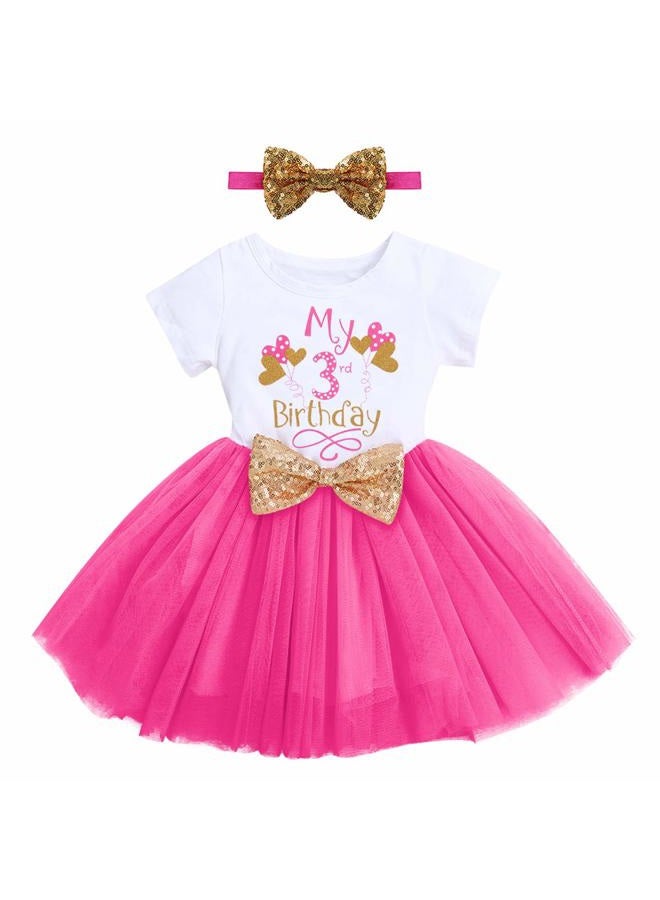 ODASDO Baby Girls Toddler Kids 1st 2nd 3rd Birthday Party Dress with Sequins Bowknot Headband 2pcs Cake Smash Outfit, Hot Pink Balloon - My 3rd Birthday, 3T - Image 1