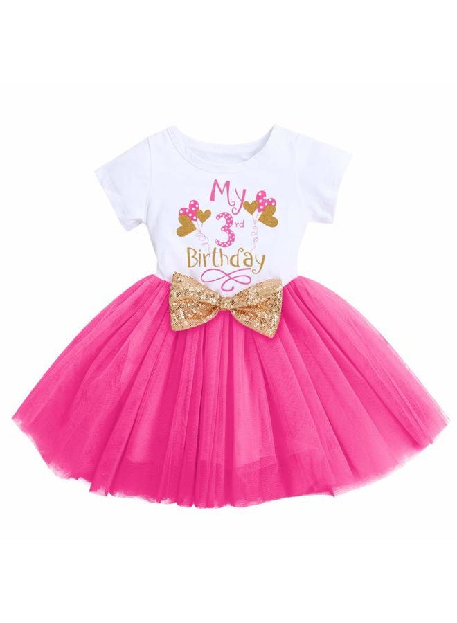 ODASDO Baby Girls Toddler Kids 1st 2nd 3rd Birthday Party Dress with Sequins Bowknot Headband 2pcs Cake Smash Outfit, Hot Pink Balloon - My 3rd Birthday, 3T - Image 3