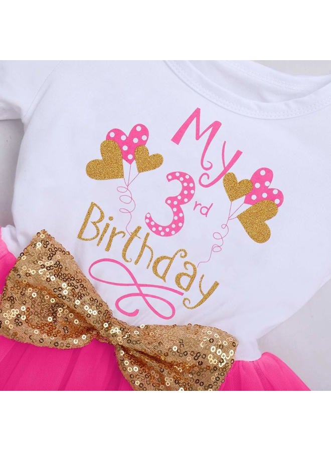 ODASDO Baby Girls Toddler Kids 1st 2nd 3rd Birthday Party Dress with Sequins Bowknot Headband 2pcs Cake Smash Outfit, Hot Pink Balloon - My 3rd Birthday, 3T - Image 2