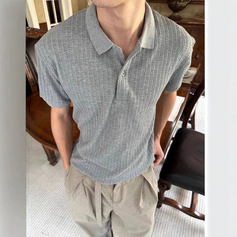 Old Money Style Textured Knit Short-Sleeve Men's Summer Retro Hollow-Out Polo Shirt, Solid Color Casual Loose Versatile Half-Sleeve