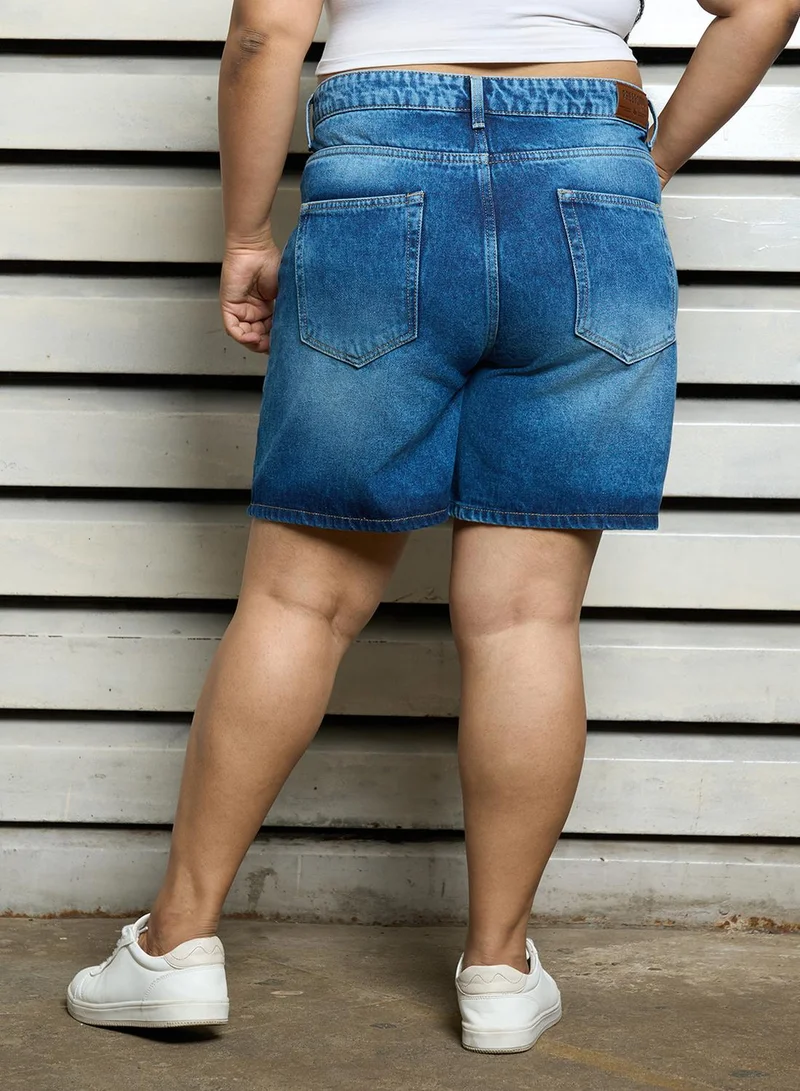 هاي ستار Women's Indigo 100% Cotton Bleached Cropped Length Cargo Relaxed Shorts