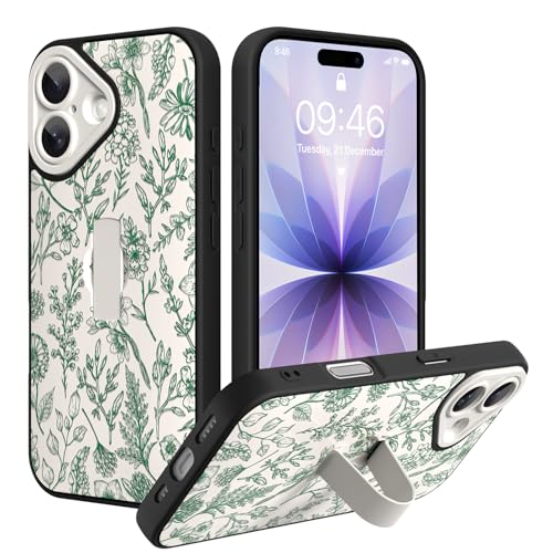 SOKAD for iPhone 17 Case with Finger Strap Kickstand, Vintage Sage Floral Flower Phone Case with Finger Hand for Women Girls, Slim Full Camera Protection Shockproof Cover, Green - Image 1