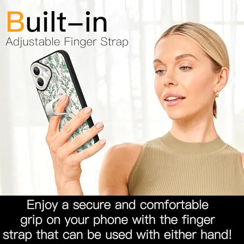 SOKAD for iPhone 17 Case with Finger Strap Kickstand, Vintage Sage Floral Flower Phone Case with Finger Hand for Women Girls, Slim Full Camera Protection Shockproof Cover, Green - Image 2