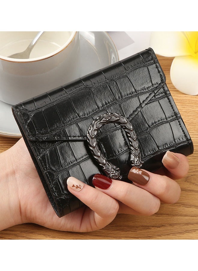 Women's Crocodile Pattern Short Wallet Black Small Leather Coin Purse with Vintage Metal Buckle Compact Trifold Card Holder for Cash  Cards and Coins Stylish Minimalist Design for Daily Use Shopping Dating Travel, Slim and Portable Fashion Accessory for Ladies, Ideal Gift for Her - Image 3