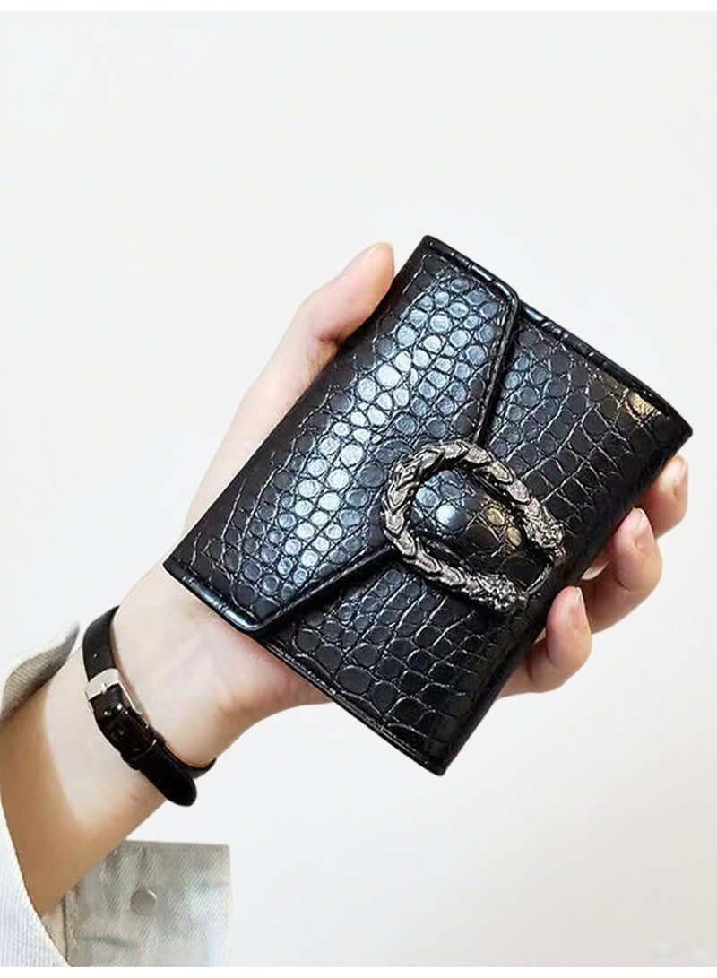 Women's Crocodile Pattern Short Wallet Black Small Leather Coin Purse with Vintage Metal Buckle Compact Trifold Card Holder for Cash  Cards and Coins Stylish Minimalist Design for Daily Use Shopping Dating Travel, Slim and Portable Fashion Accessory for Ladies, Ideal Gift for Her - Image 1