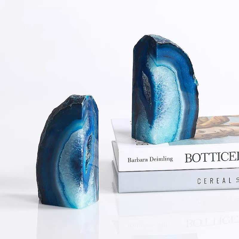 AMOYSTONE Natural Blue Agate Geode Bookends, Decorative Book Ends for Shelves, Stackable Book Stopper for Small Books, Unique Agate Stone Bookends, 2-3 LBS, Perfect for Home Office Decor - Image 3