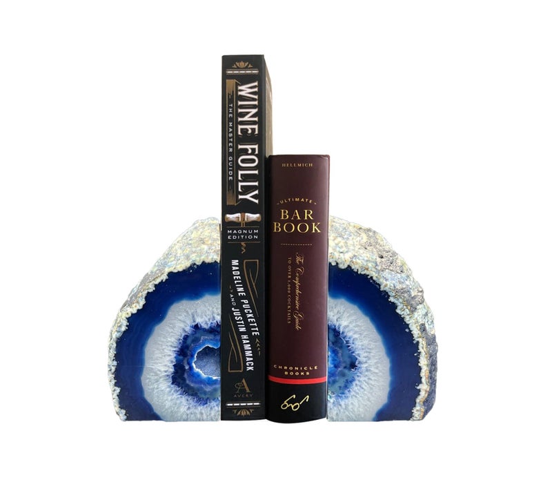 AMOYSTONE Natural Blue Agate Geode Bookends, Decorative Book Ends for Shelves, Stackable Book Stopper for Small Books, Unique Agate Stone Bookends, 2-3 LBS, Perfect for Home Office Decor - Image 1