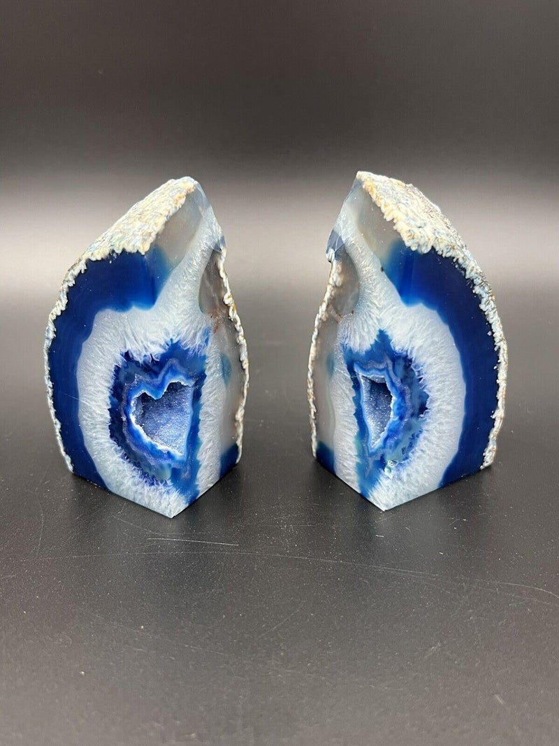 AMOYSTONE Natural Blue Agate Geode Bookends, Decorative Book Ends for Shelves, Stackable Book Stopper for Small Books, Unique Agate Stone Bookends, 2-3 LBS, Perfect for Home Office Decor - Image 2