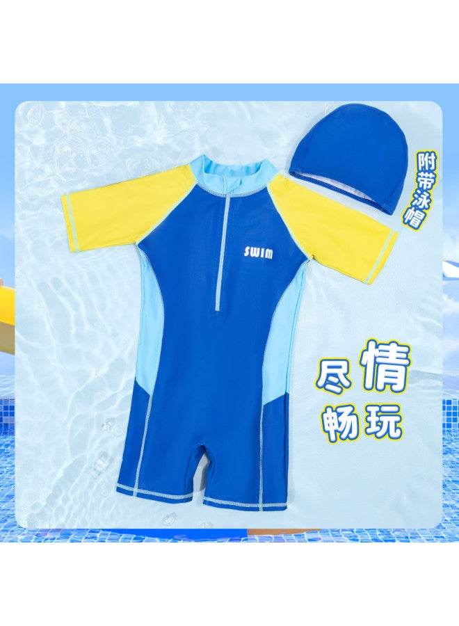 Bornbay Boys' One-piece Swimsuit Summer Color-blocking High-elasticity Comfortable Swimwear With Swim Cap - Image 3