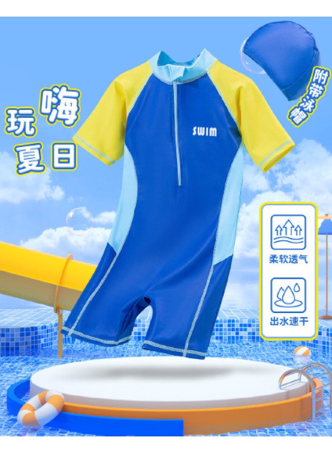 Bornbay Boys' One-piece Swimsuit Summer Color-blocking High-elasticity Comfortable Swimwear With Swim Cap - Image 1