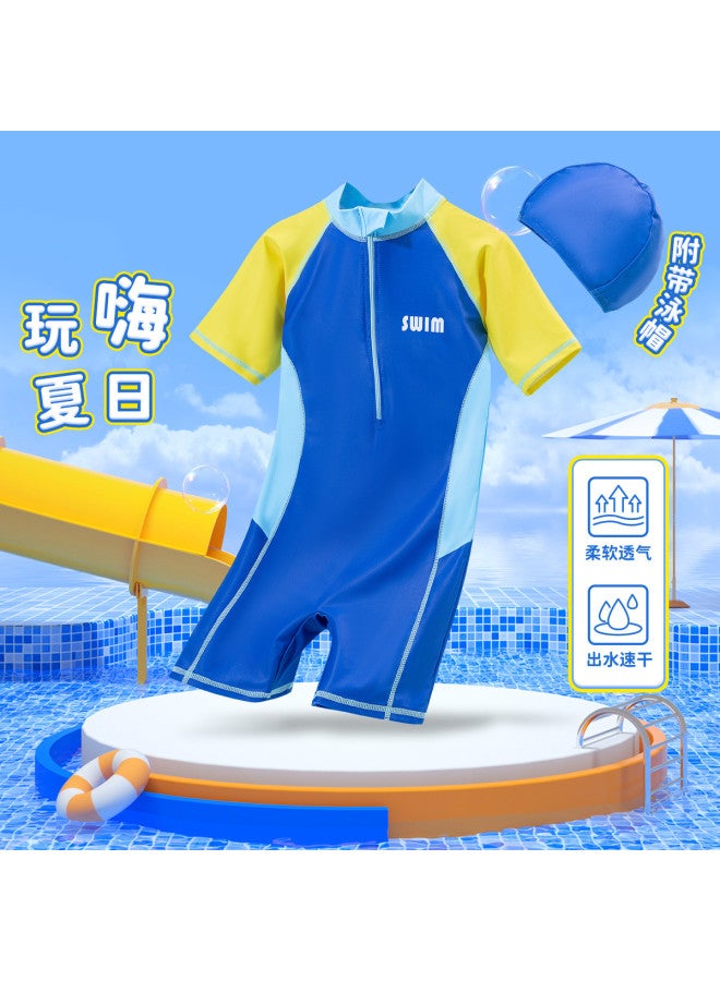 Bornbay Boys' One-piece Swimsuit Summer Color-blocking High-elasticity Comfortable Swimwear With Swim Cap - Image 2