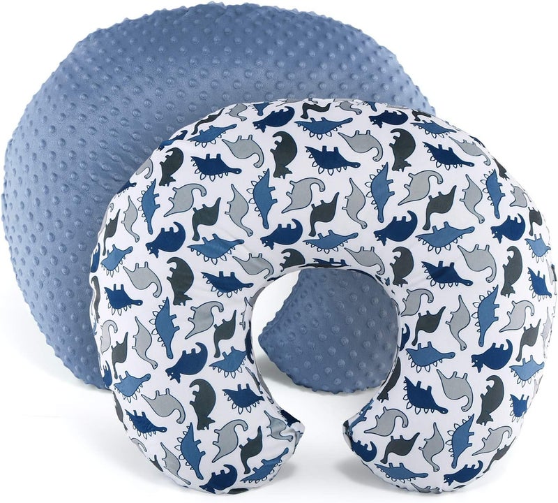 The Peanut Shell Nursing Pillow Cover Set of 2 - Soft Newborn Nursing Baby Girl or Boy Pillow Covers, Supportive & Comfortable Breastfeeding, Tummy Time Must Haves, Baby Essentials - Dino & Blue Minky - Image 1