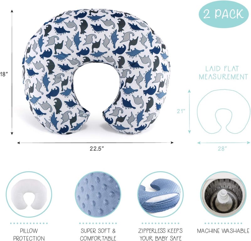 The Peanut Shell Nursing Pillow Cover Set of 2 - Soft Newborn Nursing Baby Girl or Boy Pillow Covers, Supportive & Comfortable Breastfeeding, Tummy Time Must Haves, Baby Essentials - Dino & Blue Minky - Image 2