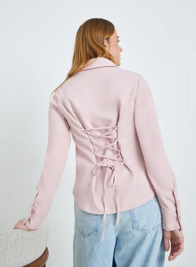 Take Two Light Pink Long Sleeve Back Tie-Up Shirt
