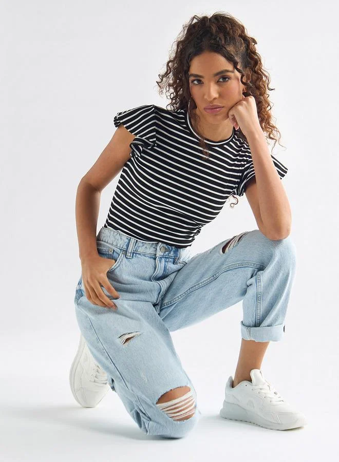Splash FAV Striped Top with Crew Neck and Flutter Sleeves