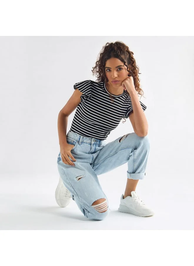 FAV Striped Top with Crew Neck and Flutter Sleeves