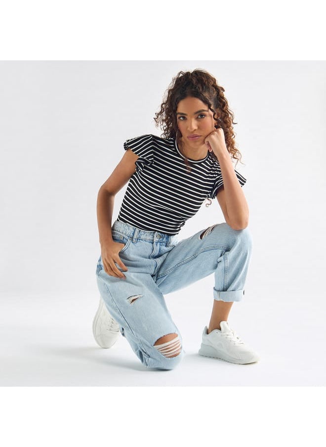 FAV - Striped Top with Crew Neck and Flutter Sleeves - Image 1