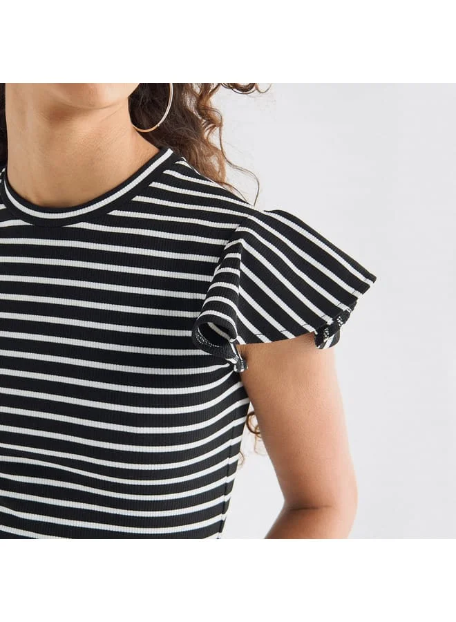 Splash FAV Striped Top with Crew Neck and Flutter Sleeves