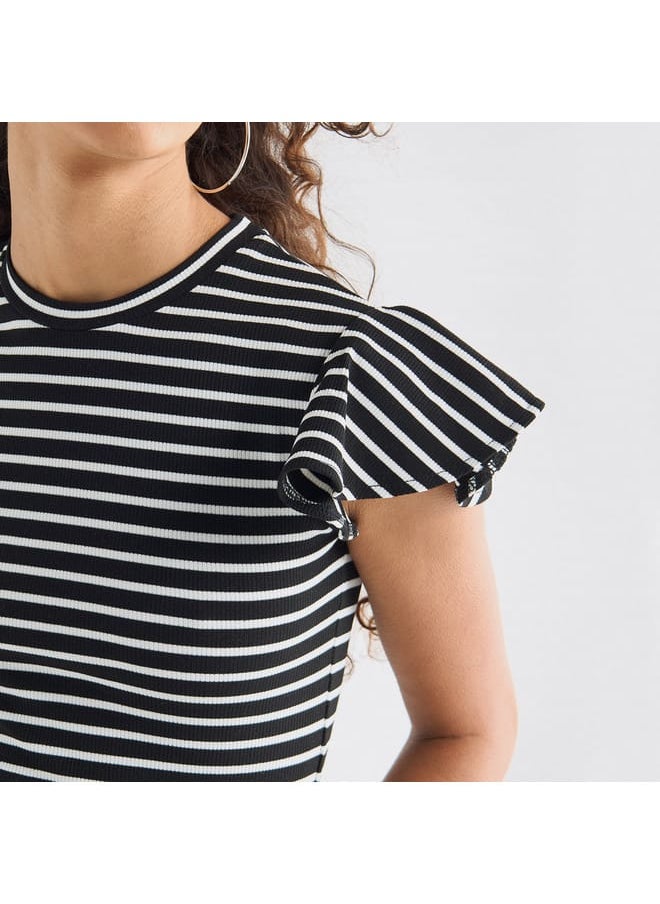 FAV - Striped Top with Crew Neck and Flutter Sleeves - Image 1
