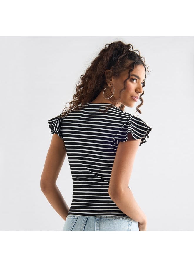 FAV - Striped Top with Crew Neck and Flutter Sleeves - Image 1
