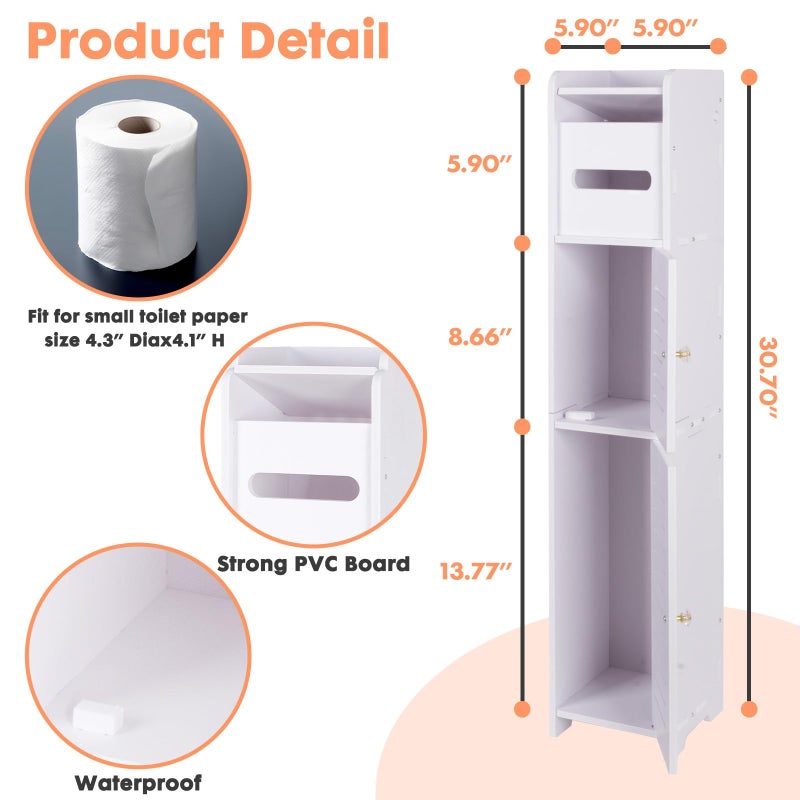 LuiceABC Toilet Paper Holder Stand, Over The Toilet Storage Cabinet for Bathroom, Slim Corner Shelf for Small Space Storage, Small Bathroom Storage Cabinet with Doors - White - Image 4