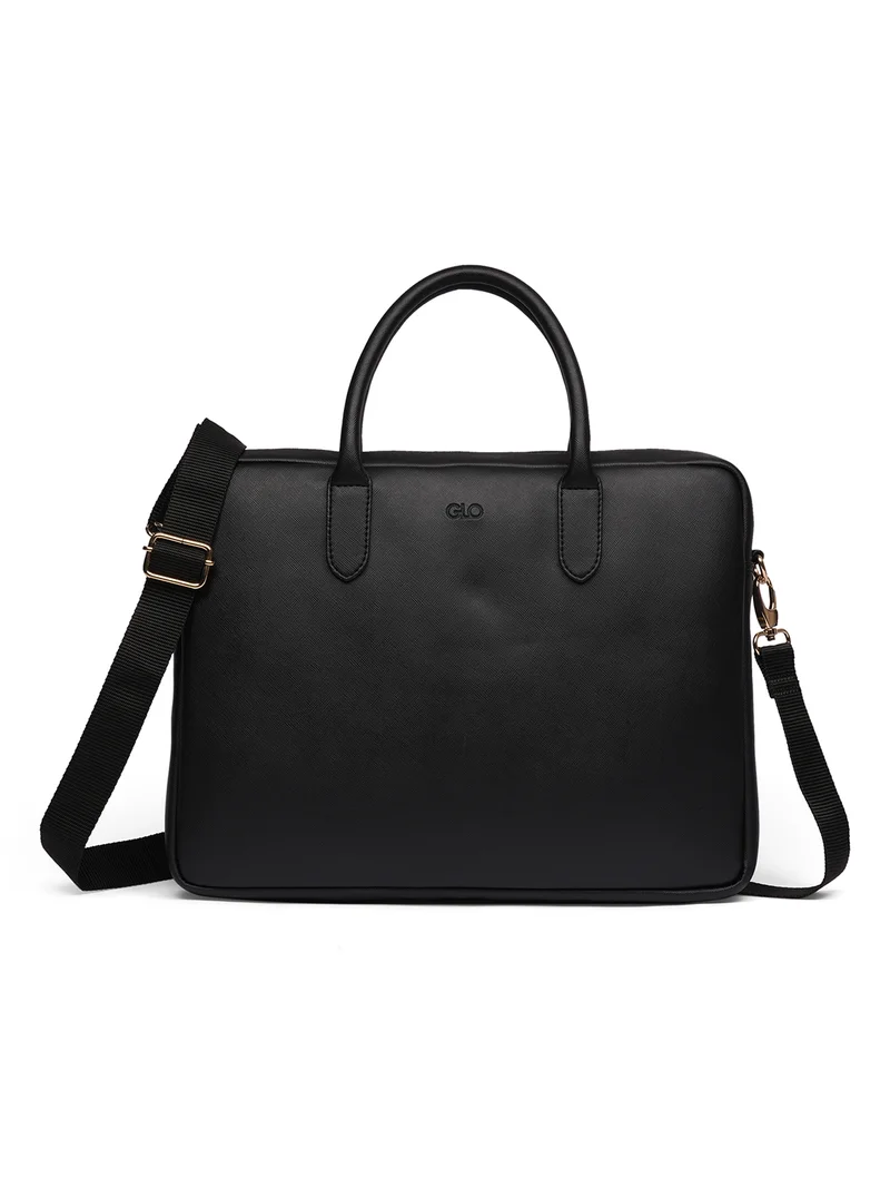 جلو باص حقيبة لاب توب جلد نباتي نسائية سوداء من جلوبس مقاس  بوصة بحزام قابل للفصل وجيبين داخليين