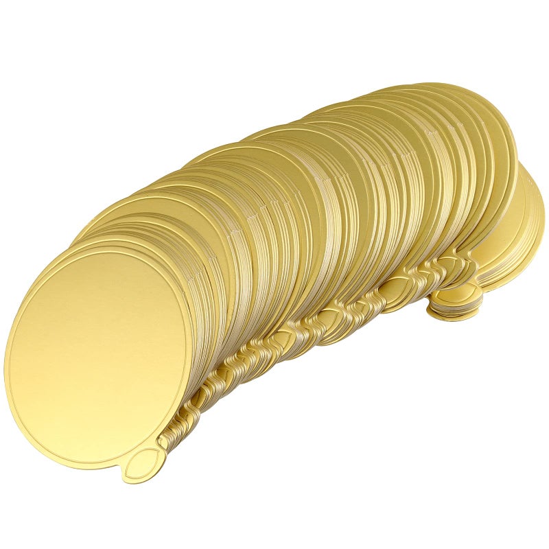 SINJEUN 500 PCS 35 Inch Mini Cake Boards Round Golden Cardboard Mousse Cake Base Mousse Cake Paper Board Cupcake Circles Tray Pastry Dessert Board with Tab for Decorating Displaying