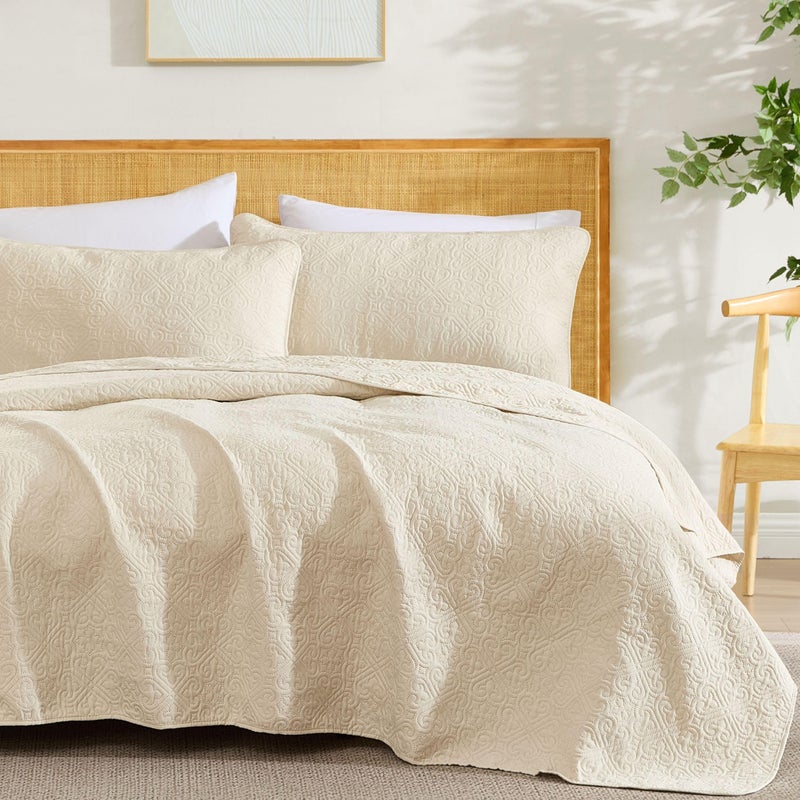 HLC.ME HLCME Lorenzo Beige Bedspreads Coverlet Set Soft Bed Full Queen Size Quilt Set Lightweight Queen Size Blanket Set FullQueen Beige - Image 2