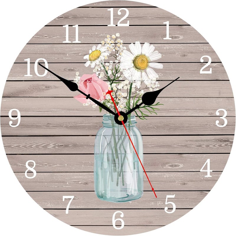 Toudorp Home Wall Clock 14 Inch Easy to Read Arabic Numerals Round Wall Clock Silent Non-Ticking Battery Operated Wooden Wall Clocks Decor for Bedroom, Living Room (Flowers in Glass Bottle) - Image 1