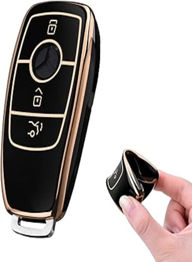MAKINGTEC Key Cover for Mercedes, Car Key Protective Cover for Mercedes Benz E Class 2017 S 2018 Remote Fob Key (Golden Edge-Black)