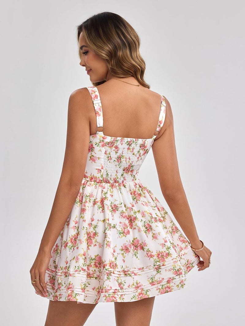 HTZMO Women Summer Casual Floral Square Neck Mini Sundress Corset A Line Cute Graduation Party Short Dress PinkFloral M - Image 2