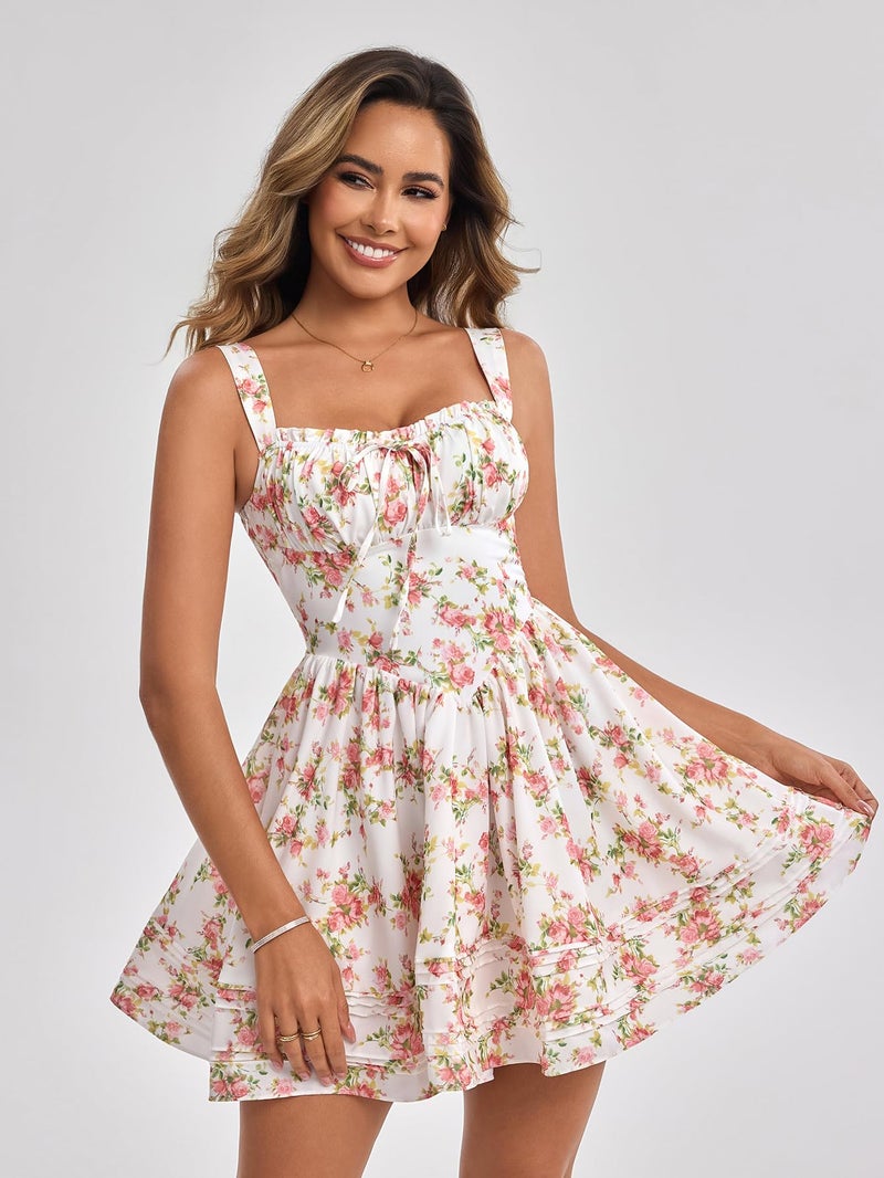 HTZMO Women Summer Casual Floral Square Neck Mini Sundress Corset A Line Cute Graduation Party Short Dress PinkFloral M - Image 3