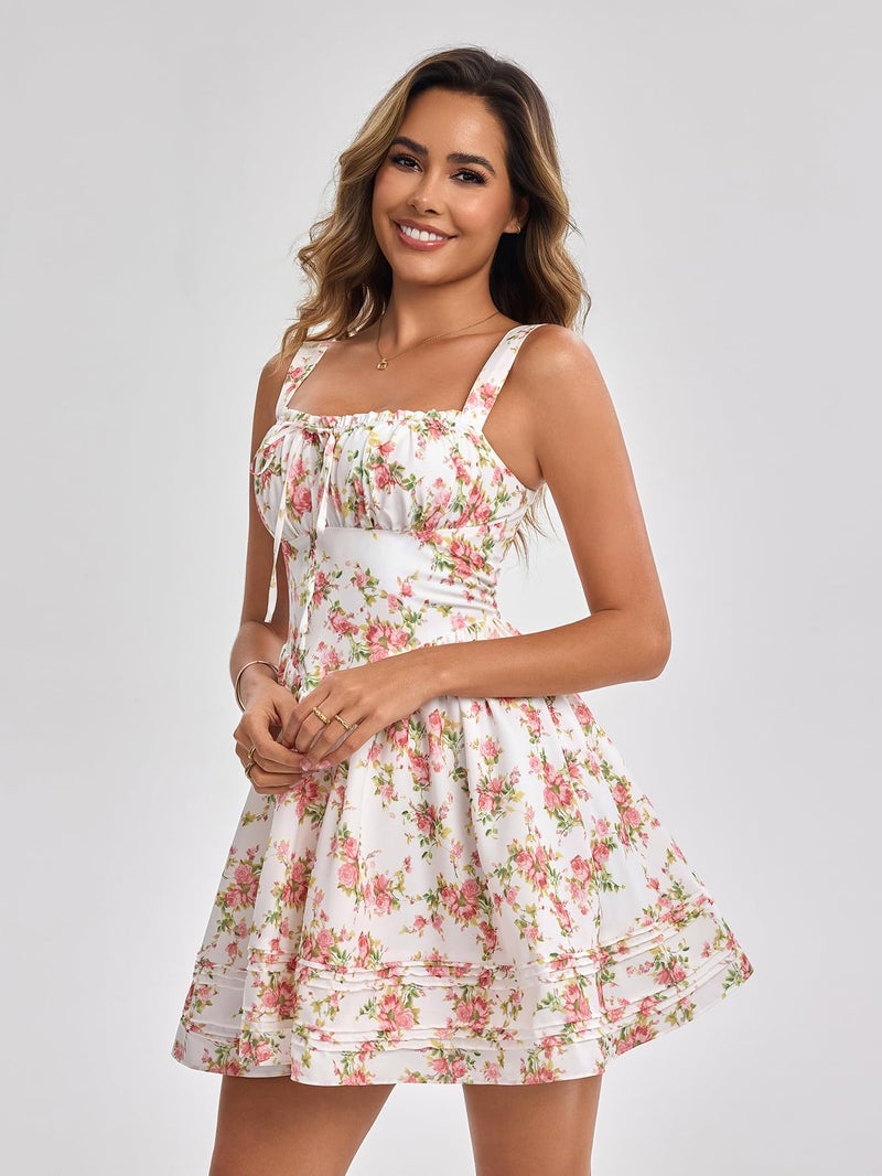 HTZMO Women Summer Casual Floral Square Neck Mini Sundress Corset A Line Cute Graduation Party Short Dress PinkFloral M - Image 4