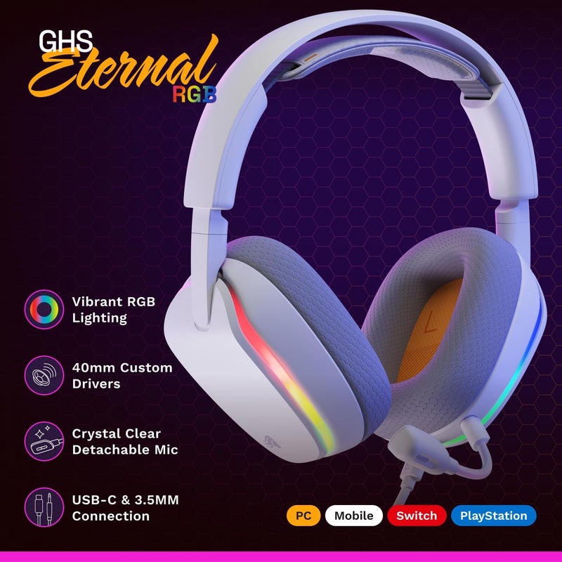سماعات الألعاب الستيريوية الرائعة GHS Eternal Stereo لأجهزة الكمبيوتر، PS5، PS4، Xbox، Switch – مكبرات صوت معدلة خصيصًا، ميكروفون قابل للإزالة والتعديل، منفذ 3.5 مم – متينة، لون أبيض - Image 2