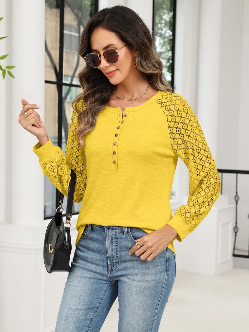 Minetom Women's Lace Long Sleeve Tops Henley Shirts Casual Blouses T Shirts Fall Clothes Yellow - Image 4