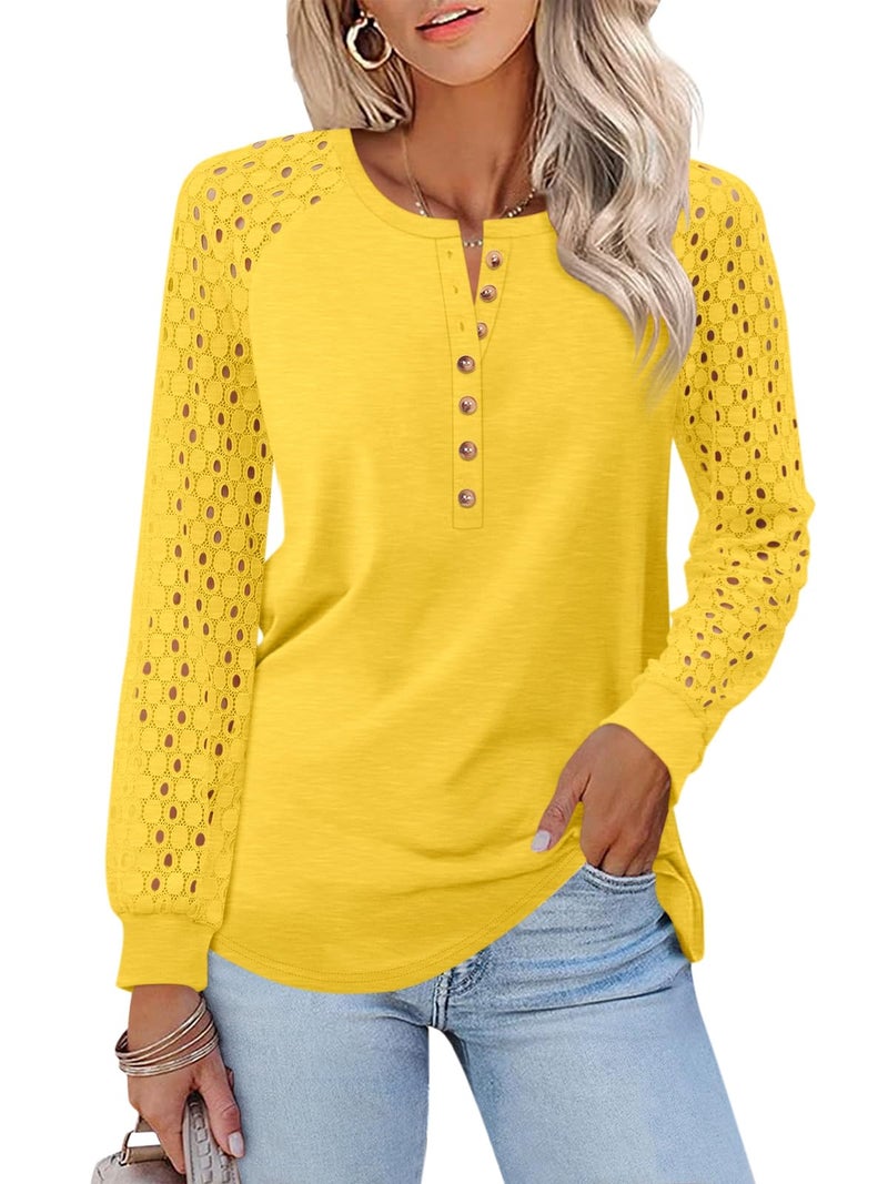 Minetom Women's Lace Long Sleeve Tops Henley Shirts Casual Blouses T Shirts Fall Clothes Yellow - Image 1