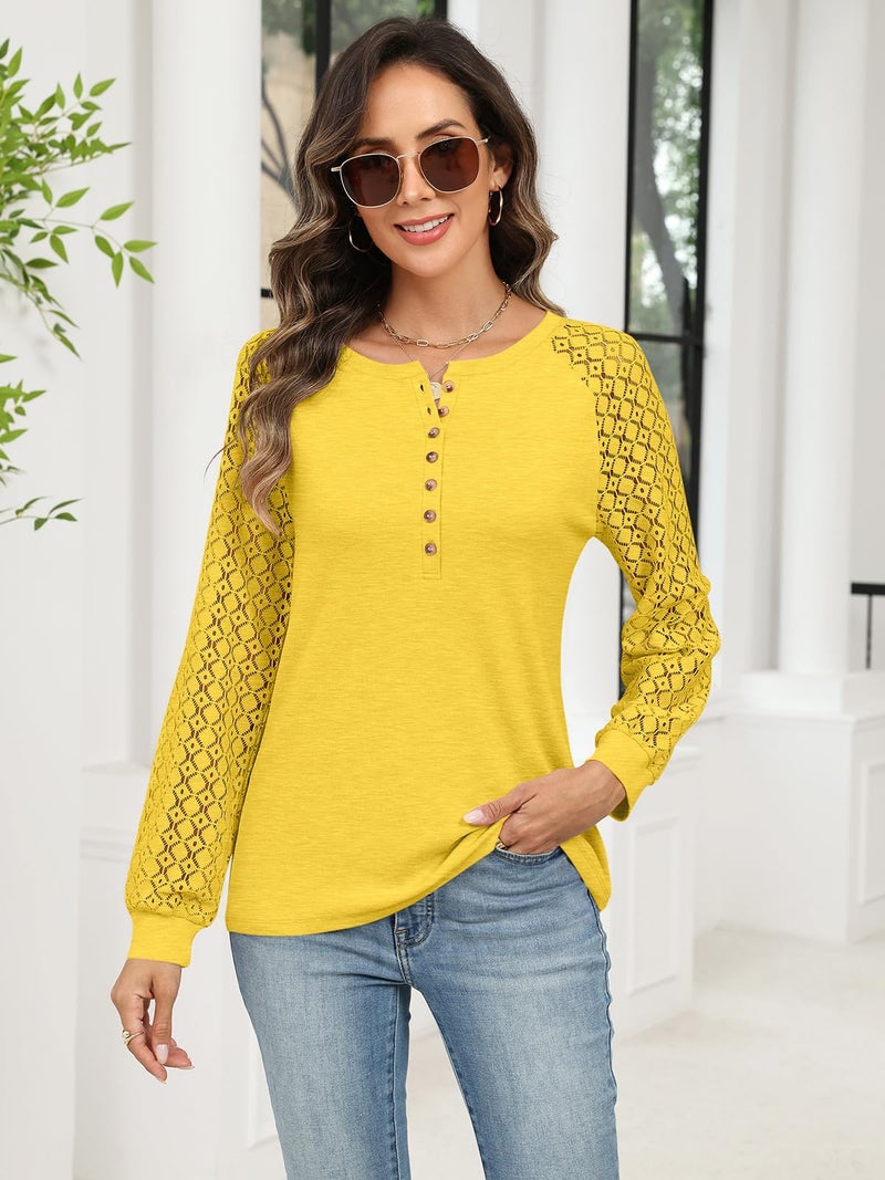 Minetom Women's Lace Long Sleeve Tops Henley Shirts Casual Blouses T Shirts Fall Clothes Yellow - Image 3