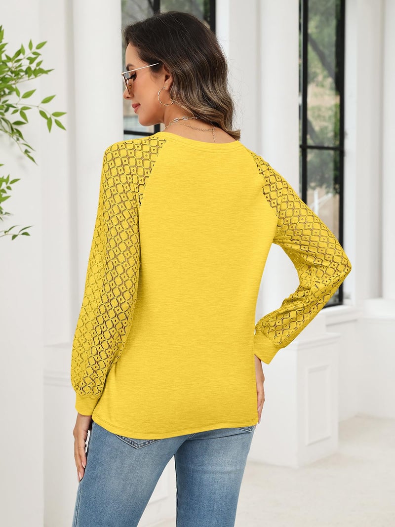 Minetom Women's Lace Long Sleeve Tops Henley Shirts Casual Blouses T Shirts Fall Clothes Yellow - Image 5
