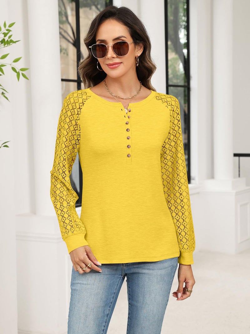 Minetom Women's Lace Long Sleeve Tops Henley Shirts Casual Blouses T Shirts Fall Clothes Yellow - Image 2