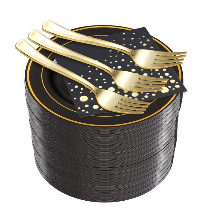 STYLISH 75 INCH GOLD AND BLACK CAKE PLATES WITH DISPOSABLE FORKS AND COCKTAIL NAPKINS 100 SET OF EACH SMALL APPETIZER PLATES DISPOSABLE CAKE PLATES OR SALAD PLATE BLACK PLASTIC DESSERT PLATES