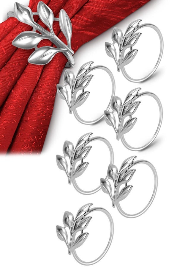 Napkin Rings Set of 6 Silver Metal Napkin Rings Silver Leaf Napkin Rings Fall Vintage Napkin Rings Silver Holidays Napkin Rings Round Holders For Family Table Festive Dinner Decoration, Wedding Party, Birthday Party  - Image 1