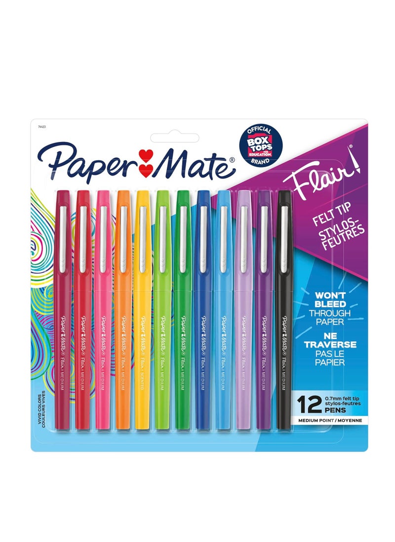 Paper Mate أقلام حبر من Paper Mate Flair برأس مدبب | أقلام تحديد متوسطة الرأس مقاس 0.7 مليمتر | لوازم مدرسية للمعلمين والطلاب | ألوان متنوعة، 12 قلمًا  - Image 1