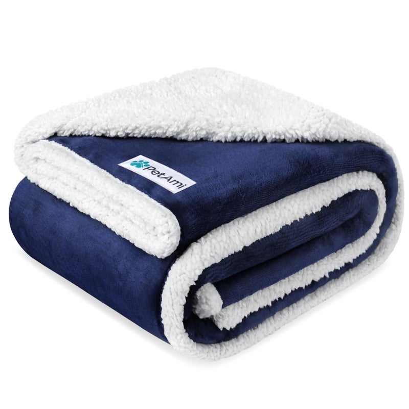 PetAmi Waterproof Dog Blanket for Small Medium Dog Puppy Cat Throw for Couch Cover Leakproof Protection Sherpa Fleece Reversible Soft Washable 29x40 Navy Blue