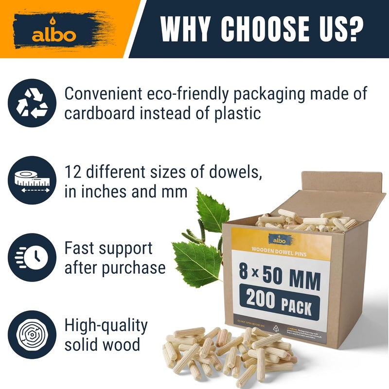 ALBO Wooden Dowel Pins 8mm x 50mm Fluted Wood Dowels Rods 200 Pack Hardwood Crafts Dowel Pegs - Image 5