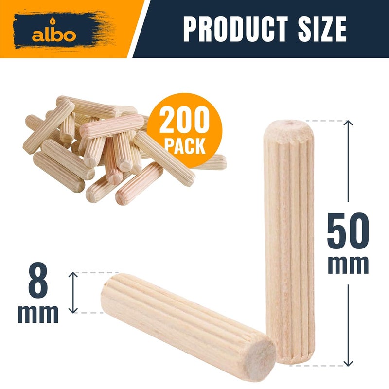 ALBO Wooden Dowel Pins 8mm x 50mm Fluted Wood Dowels Rods 200 Pack Hardwood Crafts Dowel Pegs - Image 2
