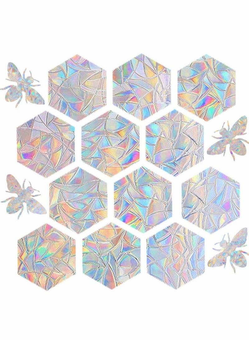 Static Window Clings, 16 Pcs Hexagons and Bee Anti-Collision Decals to Save Birds from Collisions, Non Adhesive Prismatic Vinyl Rainbow Stickers - Image 1