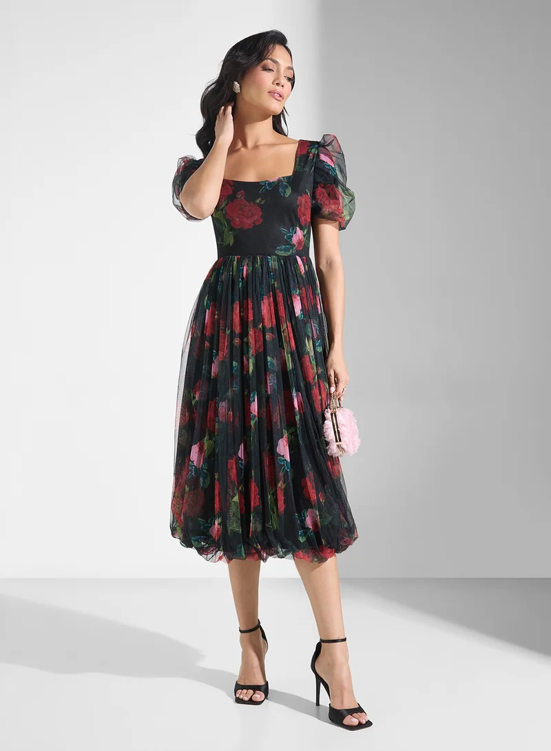 Lace and Beads Floral Tulle Midi Dress