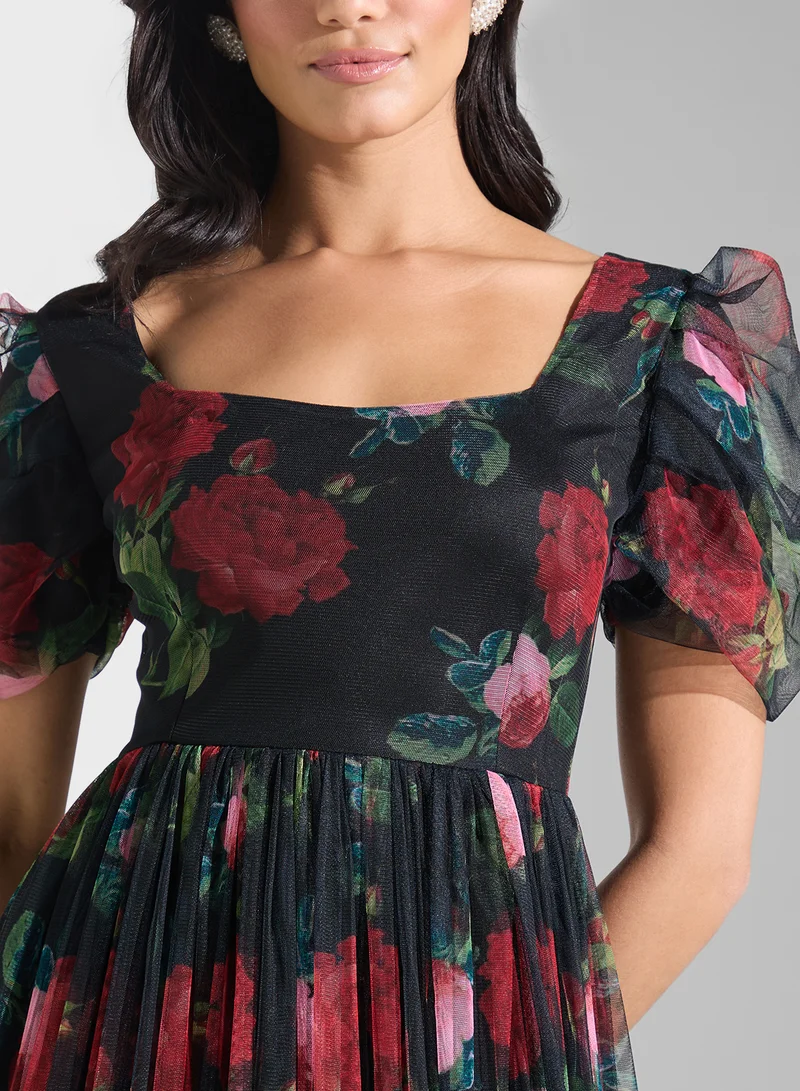 Lace and Beads Floral Tulle Midi Dress