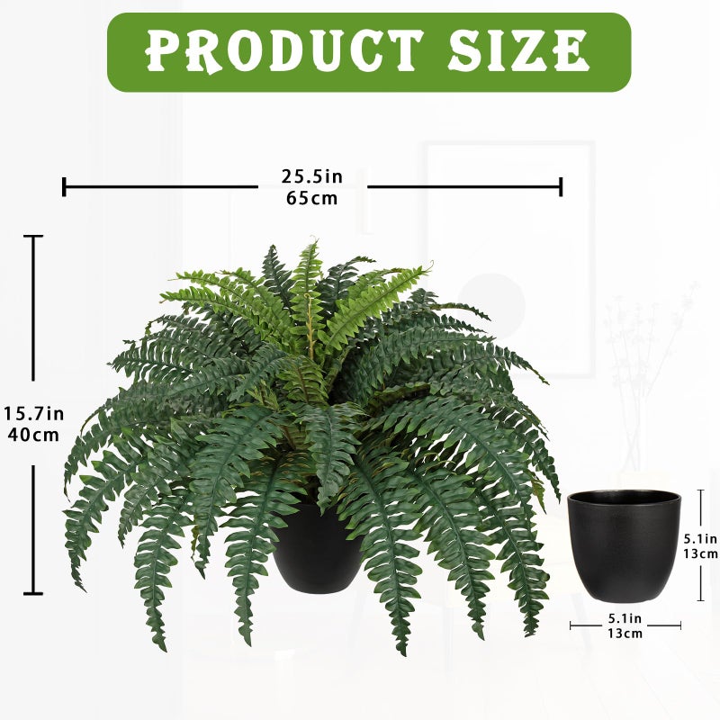 Hollyone Artificial Large Fern Boston Potted Plant for Outdoors & Indoor 25.5inch Faux Fake Fern Bush Plant in Pot for Patio Garden Farmhouse Windowsill Entrance Porch Office Living Room Home Decor - Image 2