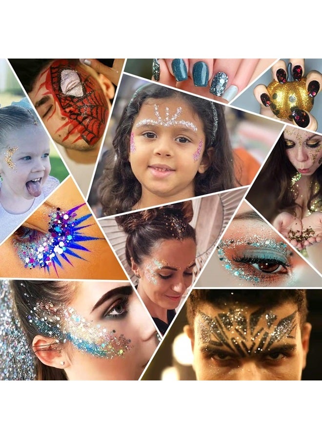 Holographic Chunky Glitter Sequins 12 Colors Mixed Laser Cosmetic Glitter for Face Body Eye Hair Nail Art Lip Gloss, Festival Glitter Makeup with Different Hexagons Size (Metallic Mix)